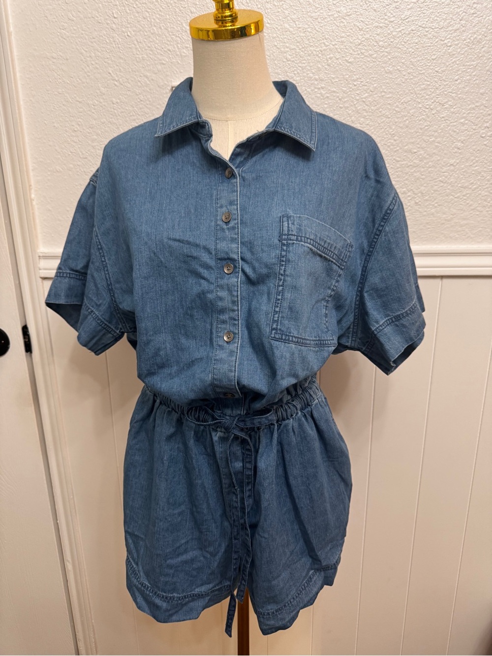 aerie Denim Short-Sleeve Romper in Blue